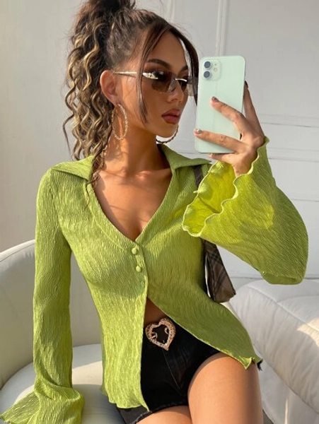 SHEIN ICON Flounce Sleeve Lettuce Trim Shirt