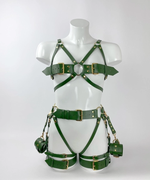 Emerald Leather Harness Leather Body Harness Set & Cuffs, BDSM Harness Bondage Bondage Harness Costume Wide Leather Choker Plus Size Mature
