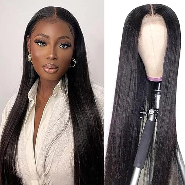 4x4 Lace Front Wigs Straight Human Hair Wigs for Women 100% Unprocessed Brazilian Virgin Lace Closure Wig Pre Plucked With Baby Hair 180 Density Natural Hairline Natural Black Color 20 Inch