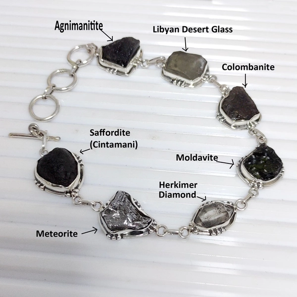 Moldavite Bracelet, Libyan Desert Glass, Meteorite, Colombianite, Saffordite Cintamani, Agni, Herkimer Diamond Bracelet, Sale