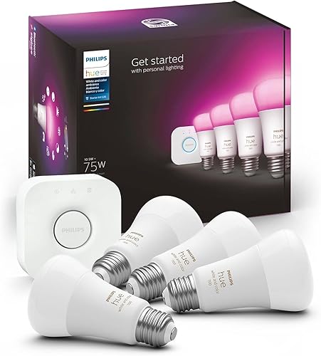 Philips Hue Smart Light Starter Kit - Includes (1) Bridge and (4) 75W A19 E26 LED Smart White and Color Ambiance Bulbs - Control with App - Compatible with Alexa, Google Assistant, and Apple HomeKit - White and Color Ambiance (16 Million Colors) - 4 Count (Pack of 1) - Medium Lumen (75W) - Kit
