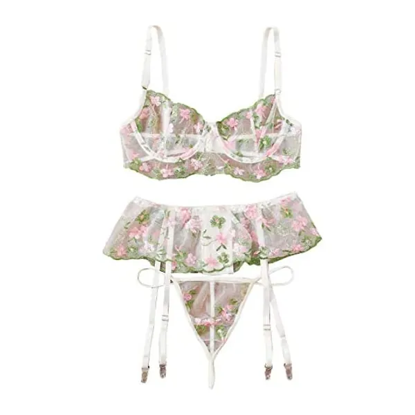 cderfv Frauen sexy bunt Kawaii niedlich Schiere Galter Gürtel Dessous Set BH und Höschen 3-teilig