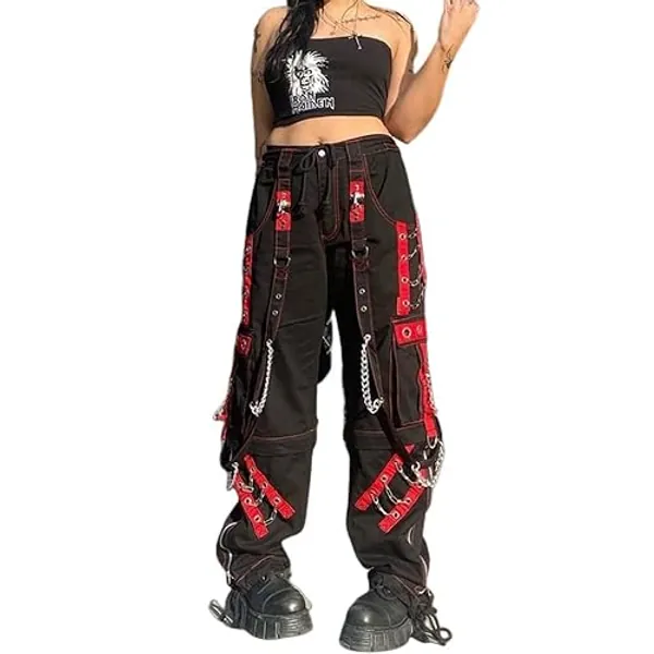 Women Y2k Pants Goth Punk Emo Pants Baggy Bell Bottom Jeans Y2k Wide Leg Jeans Harajuku Grunge Pants Hip Hop Clothes - Large - Black-g
