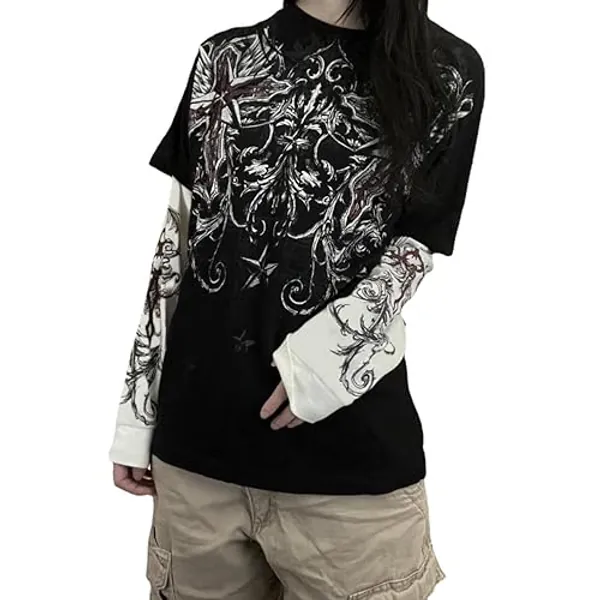 Goth Shirt Gothic Shirt Fake Two-Piece Alternative Clothing Goth Long Sleeve Top Grunge Clothes - Medium - Black