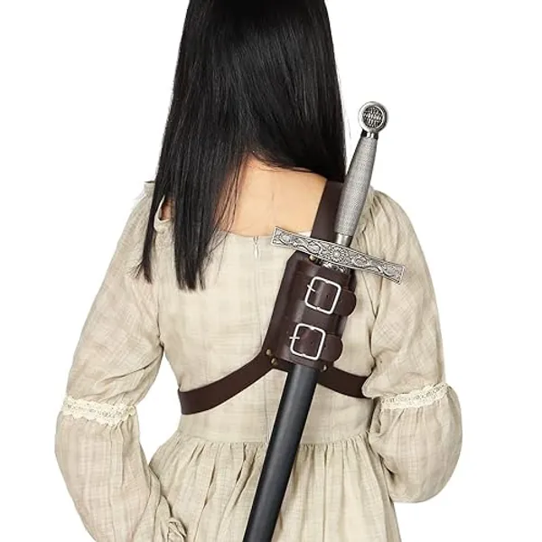 Medieval Adjustable Leather Back Sword Shoulder Frog, Leather Sheath Holster Renaissance Warrior Costume Accessory - Brown