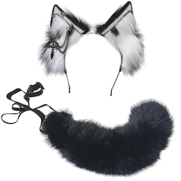 Ekwikzz Wolf Ears Tail Set Fox Wolf Headbands Clips Fluffy Cosplay Costumes, Gothic Punk Accessories for Halloween - Bl Cross Wh Bl