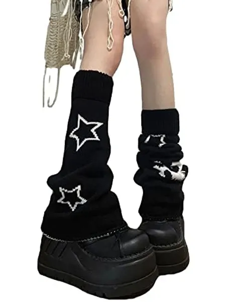 heyheyshine Y2k Star Skull Print Two Side Wear Knitted Leg Warmers Socks Punk Girls Japanese Kawaii Streetwear Leg Cover - Skull Star Flared - One Size