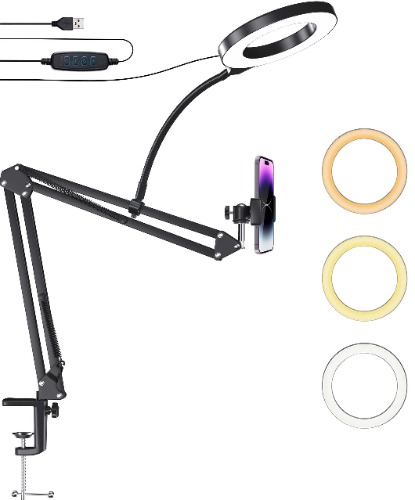 MONTIHOLD Overhead Phone Camera Mount with Ring Light, Tripod for Phone Camera Webcam, Adjustable Suspension Boom Scissor Arm Stand, Compatible with iPhone, Webcam for Live Stream Video Recording