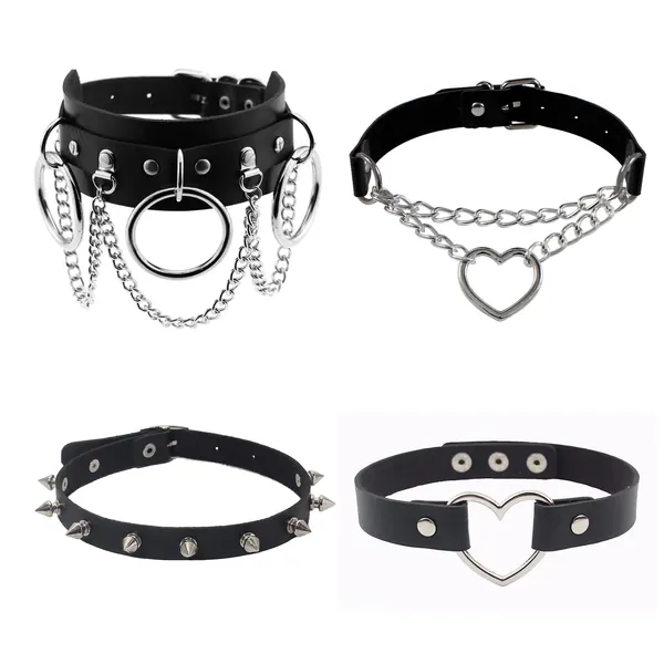 Dumcondy 4Pcs Halloween Cool Steampunk Love Heart Shaped Gothic Goth Punk Rock Rivet Spike Studded PU Leather Choker Collar Necklace Sets for Women Lady Girl Adjustable Cosplay Jewelry Night Club Party Costume Accessory Sexy Chocker Gift Black - 
