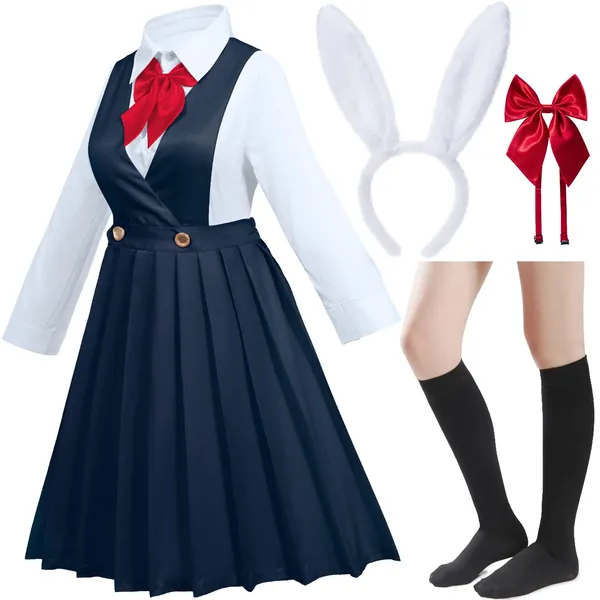 Classic Japanese School Girls Sailor Dress Shirt Skirt JK Uniform Anime Bunny Ears Cosplay Costumes Socks Bow Set - 5X-Large Type1-navy Blue