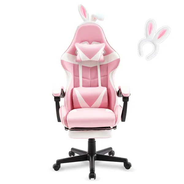 Soontrans Pink Gaming Chair with Footrest,Lovely Computer Game Chair,Desk Chair for Granddaughter,Sister,Girlfriend,Wife and Love with Headrest,Lumbar Support Gamer Chair (Pink) - Pink Upgrade Version