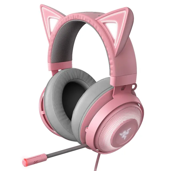 Razer Kraken Kitty RGB USB Gaming Headset: THX 7.1 Spatial Surround Sound - Chroma RGB Lighting - Retractable Active Noise Cancelling Mic - Lightweight Aluminum Frame - for PC - Quartz Pink - Quartz Pink Headset Kraken Kitty