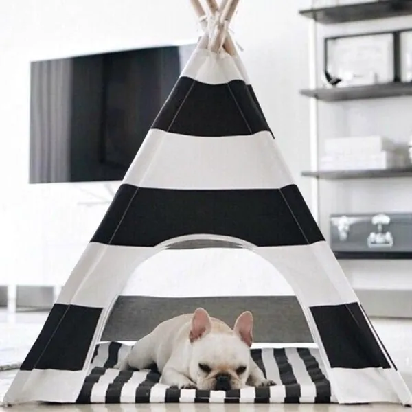 Black and White Striped Dog Teepee with Dog Bed by Estilo Living
