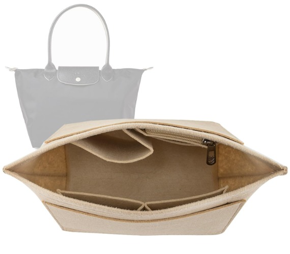 Purse Organizer insert for Longchamp le pliage,Tote Bag Organizer insert Multi pocket Felt Handbag Organizer, Zipper Bag Organizer (Khaki, L) - Large - Khaki