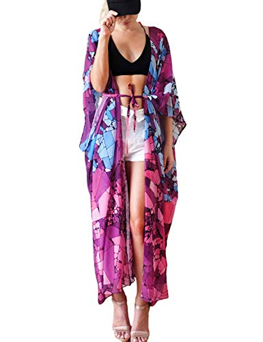 Bsubseach Women Kimonos Swimsuit Cover Ups Summer Cardigan Resort Wear Beach Robe - Purple Geometric Print