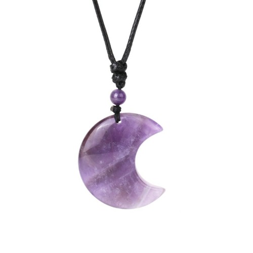 Crescent Moon Crystal Necklace Natural Stone Pendant - Amethyst