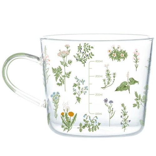 Grass Plant Botanical Cottagecore Pattern Glass Coffee Cup - 500ml Mug with Measurement / Drinkware