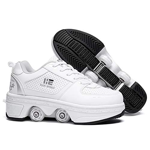 KOFUBOKE Unisex Adult Kids Deformation Roller Skate Shoes Double-Row Walking Shoes with Invisible Wheels 2 in 1 Removable Pulley Parkour Skating - 7 - White Without Light