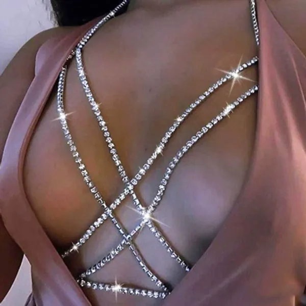 Victray Crystal Body Chain Bikini Body Chains Nightclub Chest Chain Fashion Body Jewelry for Women and Girls (Silver)