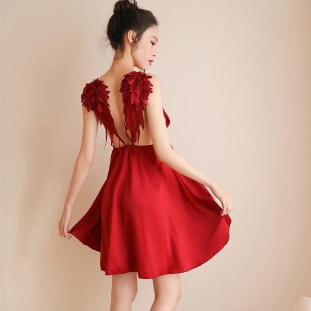 'Angel of Death' Angel Wing Satin Night Dress Goth Lingerie (4 Colours) - Red / One Size