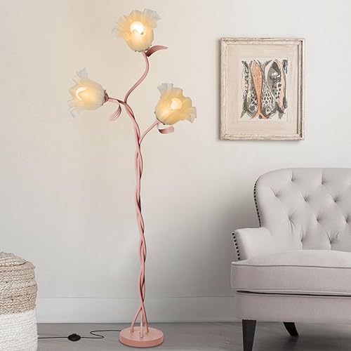 Fuzzbopn Flower Floor Lamp for Living Room, Tall Floor Reading lamp with Flexible Neck Shaft for Bedroom Decor, Modern Corner Floor Lamp with 3-Color Temperatures LED Bulb (Pink) - Pink