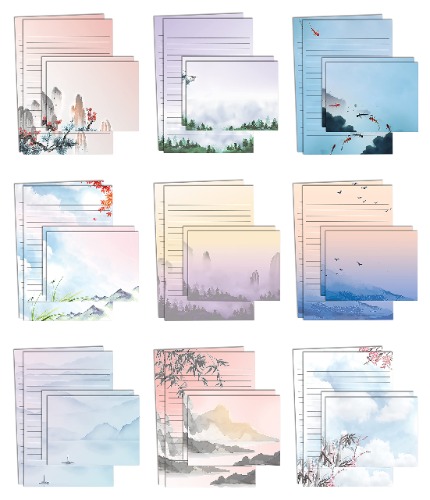 Mini Stationery Set of 100, Japanese Stationery Paper (50 Lined Sheets + 50 Matching Envelopes), 5.5 x 8.25 inch, 9 Designs, Double Sided Printing, One Side Lined Paper, by Better Office Products - 