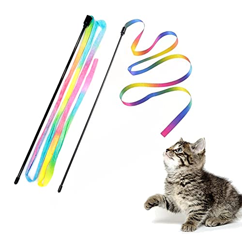 LASOCUHOO Interactive Cat Rainbow Wand Toys, Interactive Cat Teaser Wand String, Colorful Ribbon Charmer for Most Cats and Kittens - 2 PCS - Rainbow