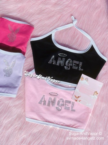 2000s Bling Angel Halter Crop Top | Angel Text / Baby Pink / S