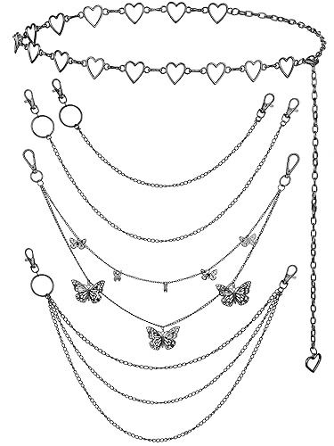 Jadive 5 Pieces Chain Belt Jeans Pants Chain Pocket Waist Chain Multi-Layer Hip Hop Metal Wallet Chain for Men Women - Butterfly, Heart, Black