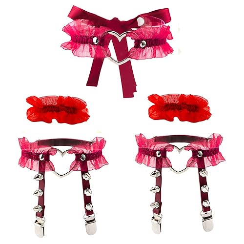 Eigso Velvet Gothic Garter for Women Heart Leg Ring with Rivets Elastic Lace Bracelets Choker Set - Red