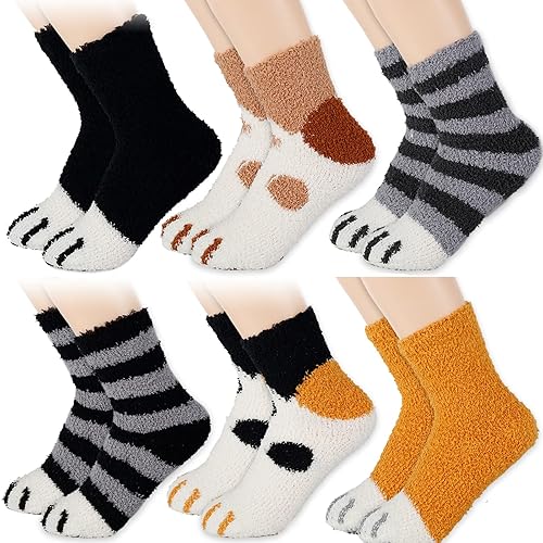 Cat Paw Socks 6 Pairs Thick Winter Warm Fuzzy Cozy Socks Cute Cat Claw Indoor Sleeping Socks for Women Girls - 6 Pairs