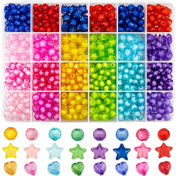720Pcs Candy Color Acrylic Pastel Beads Heart Beads Star Beads Round Beads, Colorful Assorted Pony Beads Cute Loose Beads Bulk for Bracelets Jewelry Making DIY Crafts Necklace(Bead in bead shape Bead)
