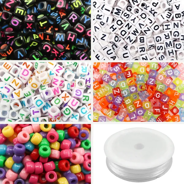 TOAOB 1200pcs Beads Kit Letter Beads Square Acrylic Alphabet Beads and Large Hole Rainbow Beads with 50 Meters Elastic String Crystal Cord for Jewelry Making Bracelet Necklace Keychain