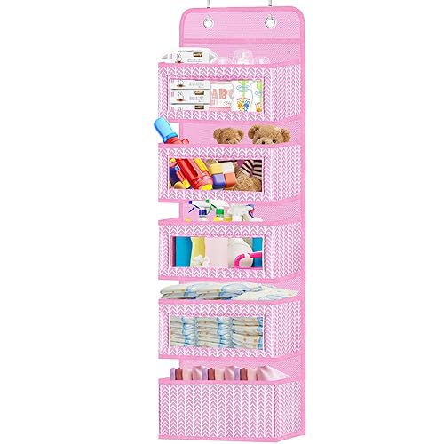 VERONLY Over The Door Hanging Organizer with 5 Large Pockets - Wall Mount Pantry Storage with 2 Big Metal Hooks for Baby Girl’s Diapers Closet, Bathroom, Nursery, Bedroom, Dorm, Baby, Kids Toys (Pink) - Branch Pattern Pink - Pack of 1