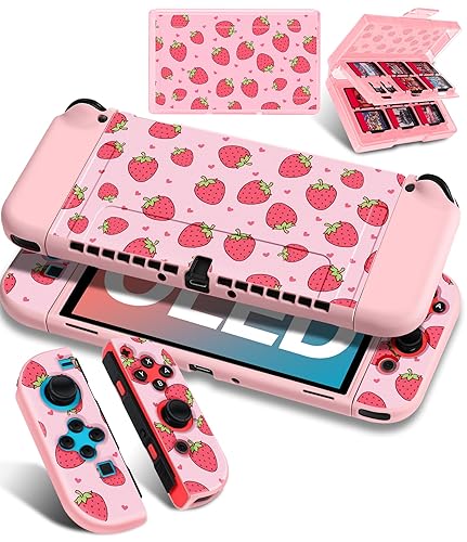 Gurgitat 4in1 Cute Strawberry for Nintendo Switch OLED Case Protector Switch Oled Game Cases Cartridge Storage Kawaii Girls 24 Game Card Holder Organizer+Skin Controller Dockable Cover for Switch Oled - 4-Pink Strawberry
