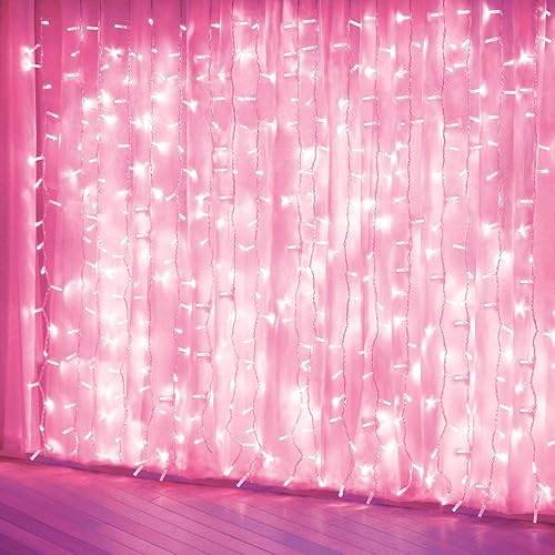 amadecohome Curtain Lights, Pink Room Decor 8 Modes LED String Lights for Garden, Teen Girls' Room, Party, Window, Wall and Valentines Day Decor - Pink