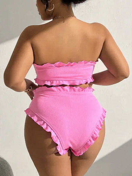 SHEIN Swim Basics Plus Size Women'S Ruffled Bandeau Bikini Swimsuit Set