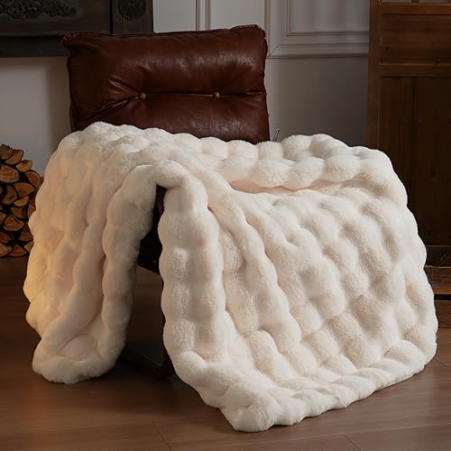 Faux Fur Throw Blanket Soft Plush Fluffy Blanket for Couch Sofa, Thickened Cozy Fuzzy Luxury Bubble Blanket for Bedroom Living Room Decor,Cream White,50" x 60",1100GSM - Thickened Throw(50" x 60") - Cream White