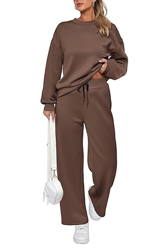 PRETTYGARDEN Women's 2 Piece Outfits 2025 Spring Long Sleeve Pullover Tops And Long Pants Lounge Sets Tracksuit - Brown - Medium