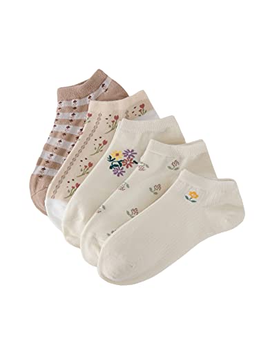 WDIRARA Women's 5 Pairs Floral Print Striped Cute Socks Casual Ankle Crew Socks - One Size - Multicolor