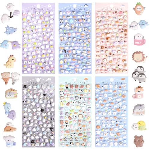 Jactales 600+ Cute Mini Puffy Stickers-Small 3D Tiny Micro Bulk Sticker Set for Kids Girls Adults-Includes Kawaii Japanese Cartoon Ghost Animal Cat Dog Penguin Birds for Phone Case-Removable-6 Sheets - Cute Mini