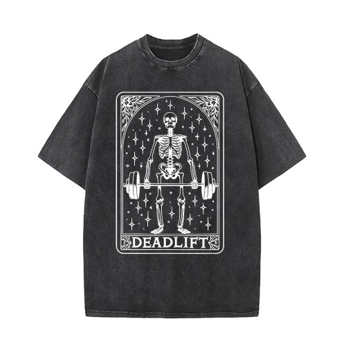 Deadlift Skeleton Barbell Tarot Vintage Washed T-shirt - Black / M (Bust 104 cm)