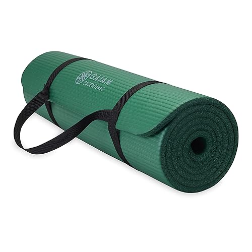 Gaiam Essentials Thick Yoga Mat Fitness & Exercise Mat with Easy-Cinch Yoga Mat Carrier Strap, 72"L x 24"W x 2/5 Inch Thick - Green