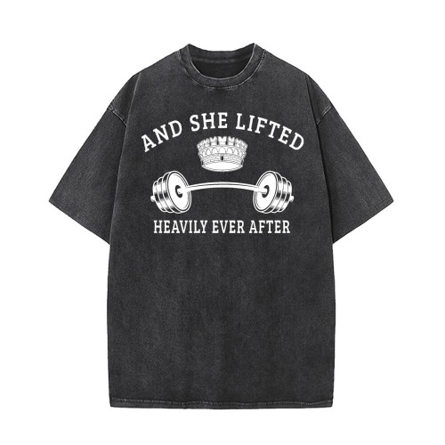 And She Lifted Heavily Ever After Vintage Washed T-shirt - Black / M (Bust 104 cm)