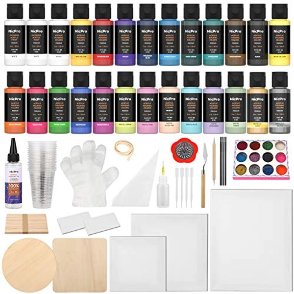 Nicpro 26 Colors 2oz Acrylic Pour Paint Supplies Kit, Pre-Mixed Pouring Paint High Flow Painting Bulk Set with Canvas, Wood Slices, Pouring Oil, Tools, Gloves, Strainer, Cups, Glitter for Beginner DIY - 26 colors