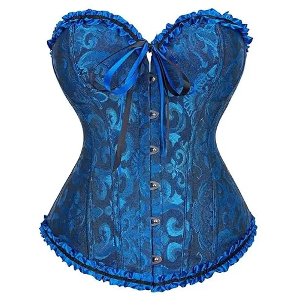 SHYMMUO Women's Lacing Corset Top Satin Floral Boned Overbust Body Shaper Bustier Sexy Waist Push Up Shapewear Lingerie… - Small - Blue/Black