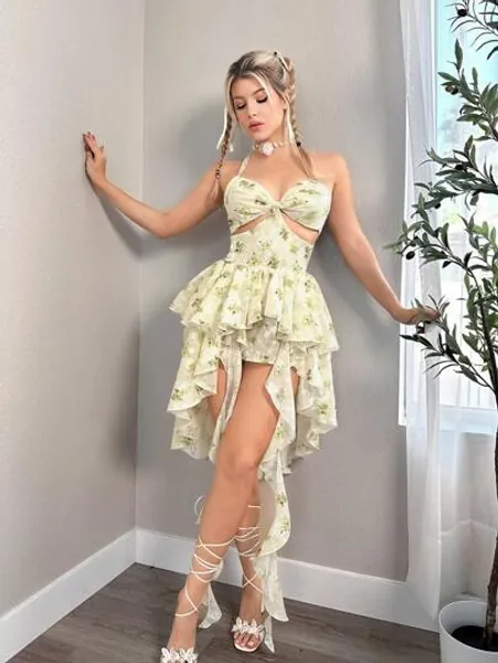 SHEIN ICON Women Summer Floral Printed Asymmetrical Hem Hollow Out Spaghetti Strap Dress With Ruffle Trim