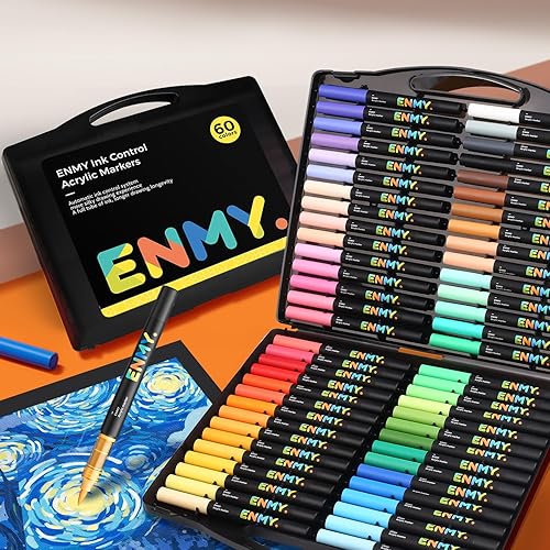 ENMY 60 Colors Direct Liquid Acrylic Paint Pens, Acrylic Paint Markers, Fabric Markers for Textile, Canvas, Rock, Glass, Wood, Paper, DIY, Paint Markers for DIY Craft Supplies - 60