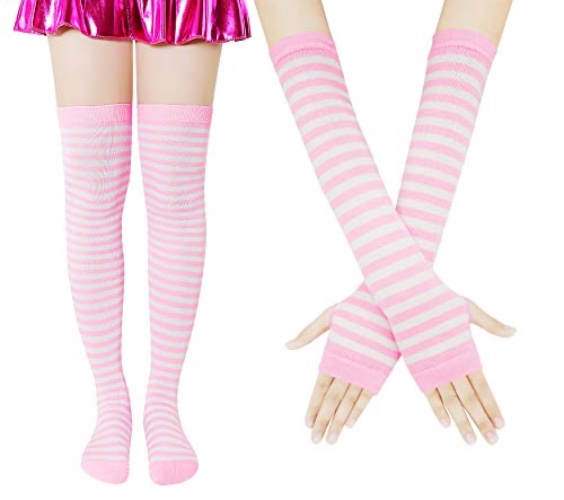 Bienvenu Womens Socks Striped Knee High Socks Arm Warmer Fingerless Gloves Set - Light Pink