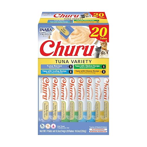 INABA Churu Cat Treats, Grain-Free, Lickable, Squeezable Creamy Purée Cat Treat/Topper with Vitamin E & Taurine, 0.5 Ounces Each Tube, 20 Tubes, Tuna Variety Box - Tuna Variety Box